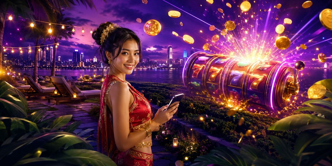 Mesin slot dengan kemasan neon di kasino moden Johor